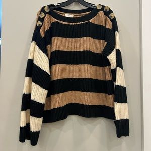 ENTRO,Womens Sweater sz S Black Brown Striped Tight Knit Oversized Button Detail